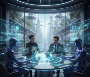  holographic display showing complex financial data and predictive analytics.